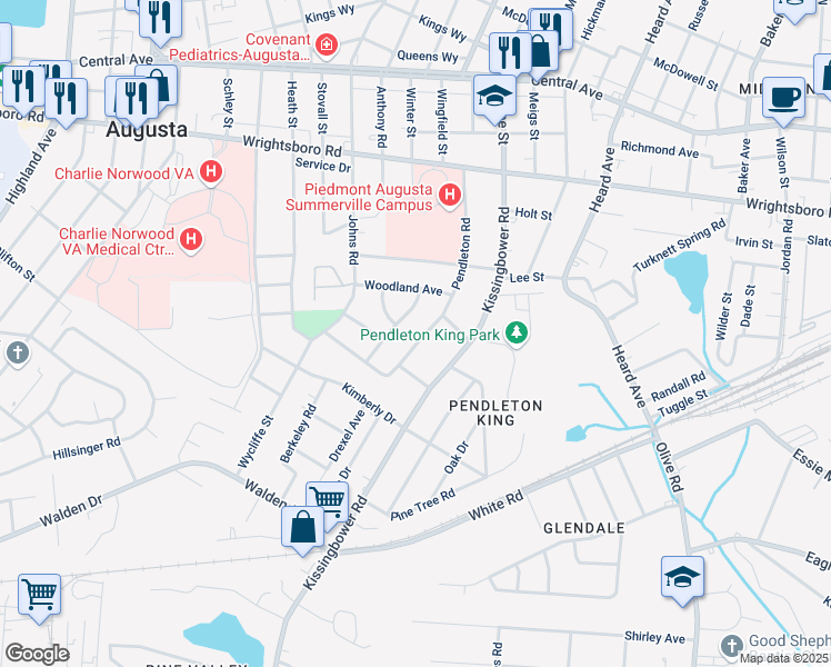 map of restaurants, bars, coffee shops, grocery stores, and more near 1614 Winter Street in Augusta
