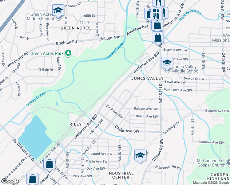 map of restaurants, bars, coffee shops, grocery stores, and more near 3355 Jefferson Avenue Southwest in Birmingham