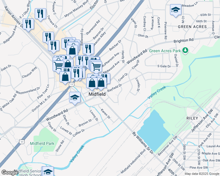 map of restaurants, bars, coffee shops, grocery stores, and more near 1424 Rayfield Drive in Birmingham