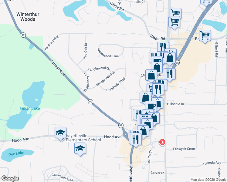 map of restaurants, bars, coffee shops, grocery stores, and more near 135 Creekside Trail in Fayetteville