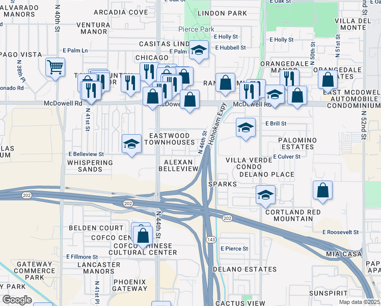 map of restaurants, bars, coffee shops, grocery stores, and more near 4540 East Belleview Street in Phoenix