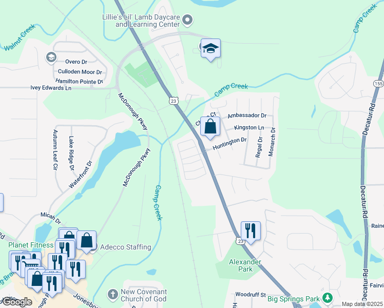 map of restaurants, bars, coffee shops, grocery stores, and more near 20 Chantilly Place in McDonough