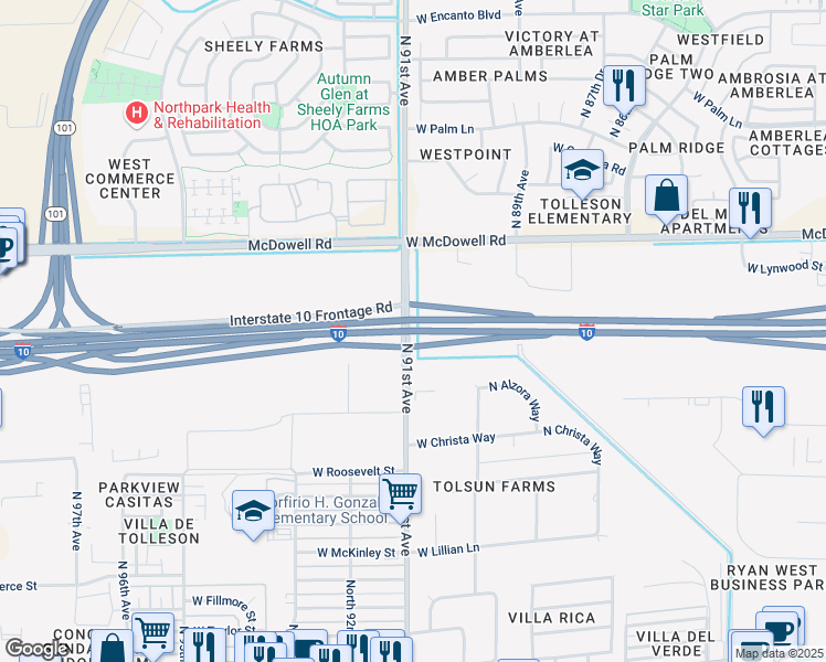 map of restaurants, bars, coffee shops, grocery stores, and more near Papago Freeway in Tolleson