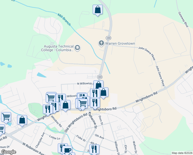 map of restaurants, bars, coffee shops, grocery stores, and more near 5104 Robin Lane in Grovetown