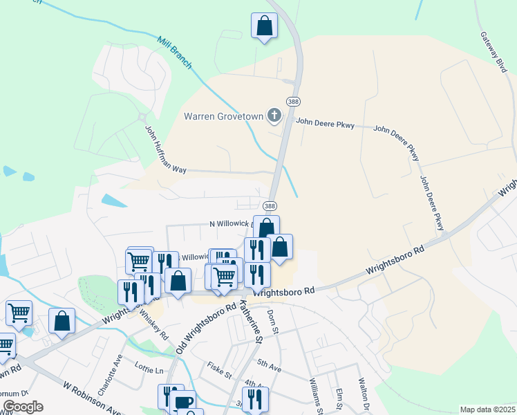 map of restaurants, bars, coffee shops, grocery stores, and more near 5104 Robin Lane in Grovetown