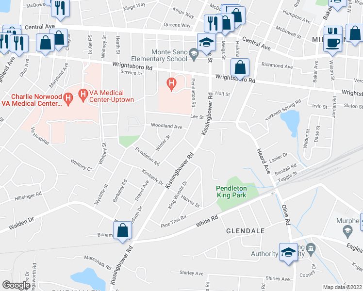 map of restaurants, bars, coffee shops, grocery stores, and more near 1606 Pendleton Road in Augusta