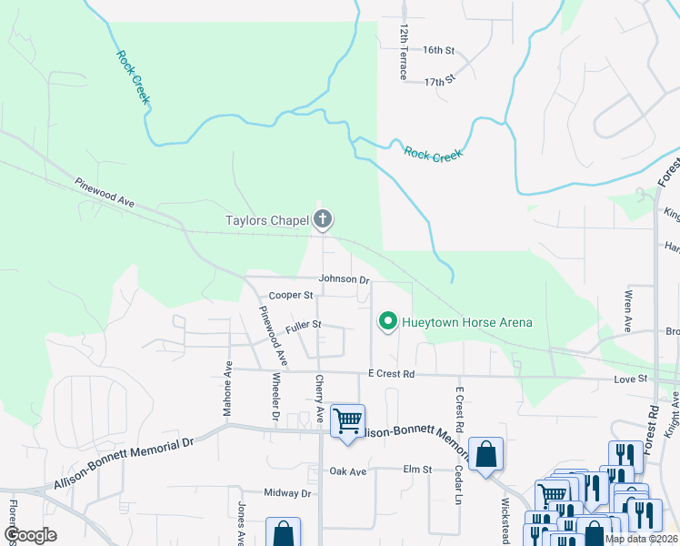 map of restaurants, bars, coffee shops, grocery stores, and more near 109 Johnson Drive in Hueytown