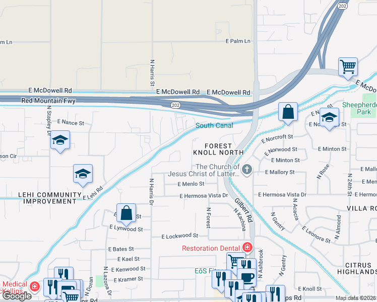 map of restaurants, bars, coffee shops, grocery stores, and more near 2554 North Hall Circle in Mesa