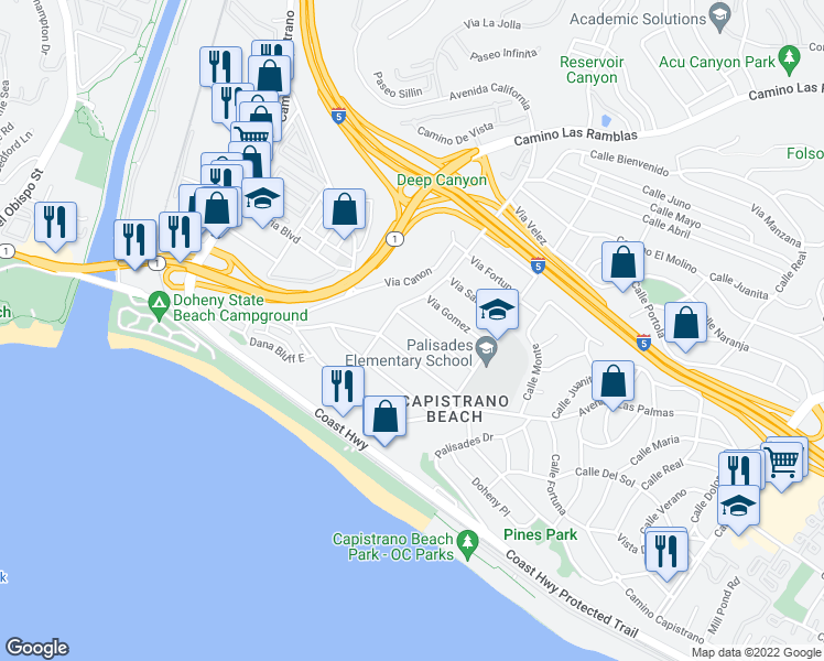 map of restaurants, bars, coffee shops, grocery stores, and more near 34431 Via Espinoza in Dana Point