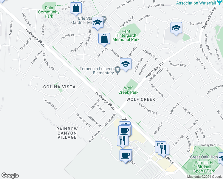 map of restaurants, bars, coffee shops, grocery stores, and more near 45763 Klamath Court in Temecula