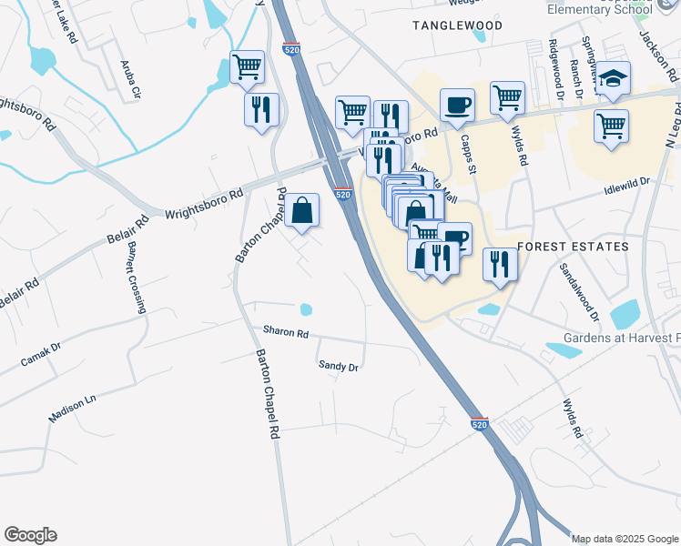 map of restaurants, bars, coffee shops, grocery stores, and more near 1613 Harvey Drive in Augusta