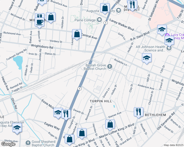 map of restaurants, bars, coffee shops, grocery stores, and more near 1657 Bleakley Street in Augusta