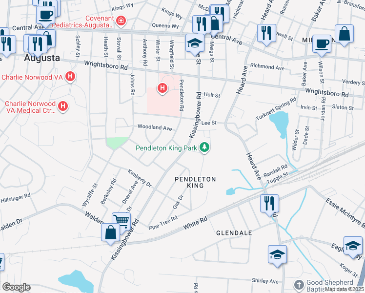 map of restaurants, bars, coffee shops, grocery stores, and more near 1599 Kissingbower Road in Augusta