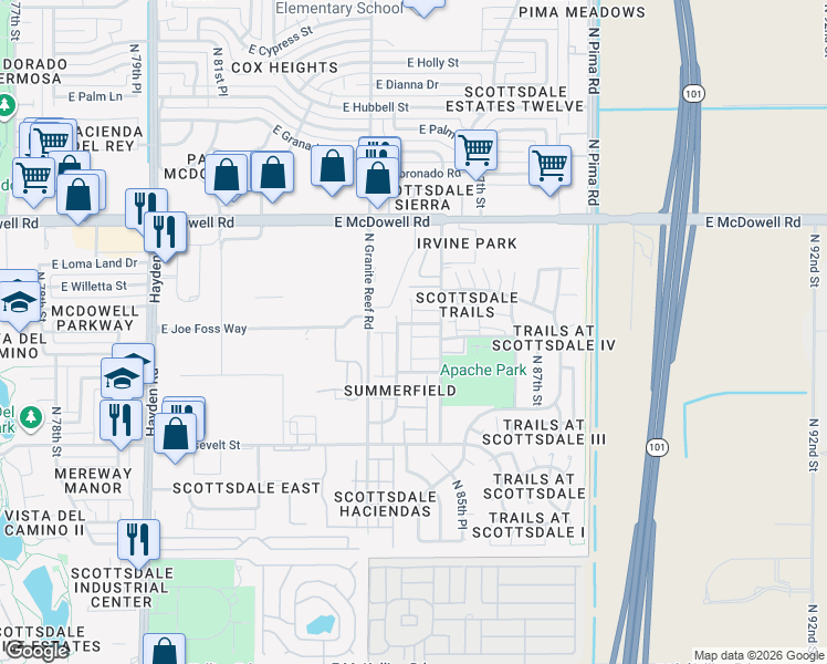 map of restaurants, bars, coffee shops, grocery stores, and more near 1272 North 85th Place in Scottsdale