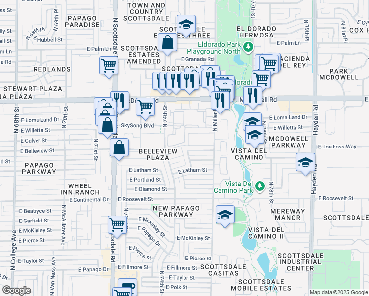 map of restaurants, bars, coffee shops, grocery stores, and more near 7519 East Belleview Street in Scottsdale