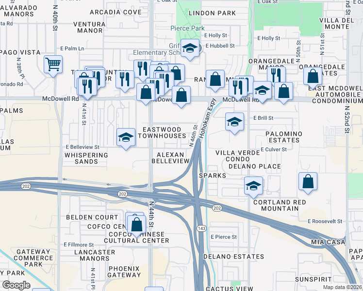 map of restaurants, bars, coffee shops, grocery stores, and more near 4540 East Belleview Street in Phoenix