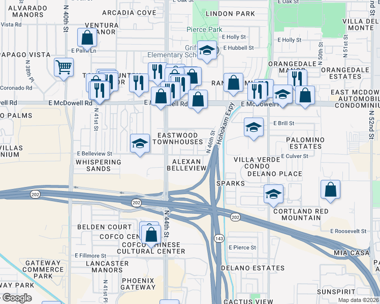 map of restaurants, bars, coffee shops, grocery stores, and more near 4454 East Belleview Street in Phoenix