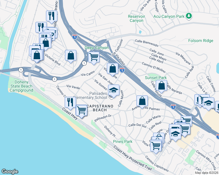 map of restaurants, bars, coffee shops, grocery stores, and more near 26509 Via Sacramento in Dana Point
