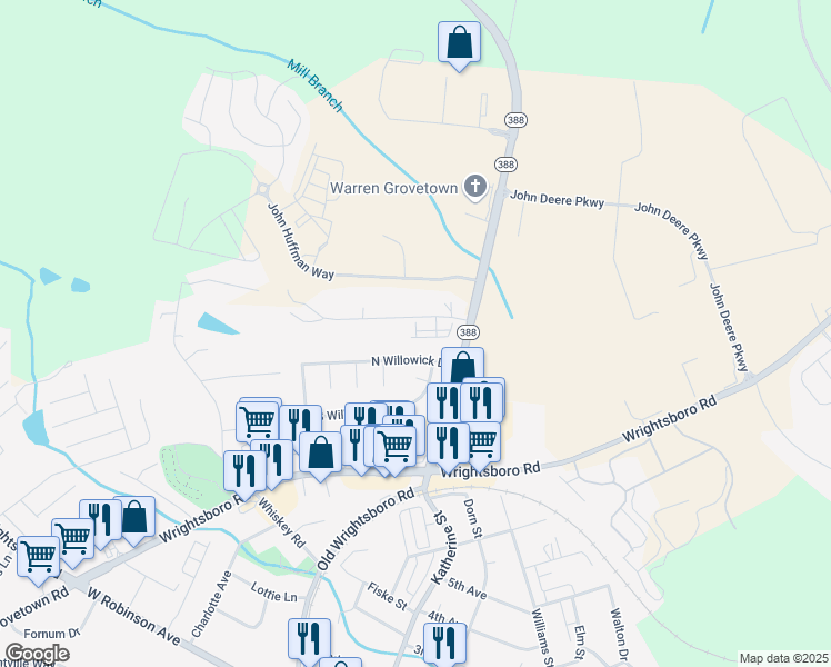 map of restaurants, bars, coffee shops, grocery stores, and more near 5112 Robin Lane in Grovetown