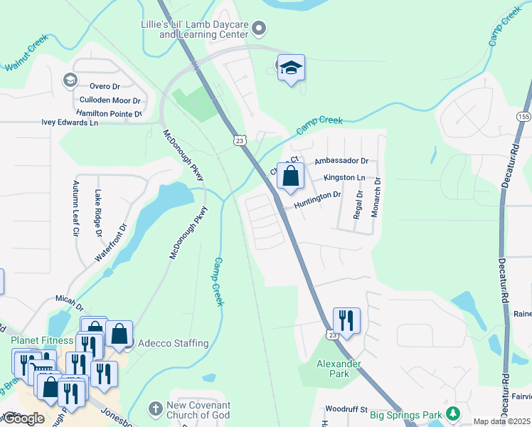 map of restaurants, bars, coffee shops, grocery stores, and more near 20 Chantilly Place in McDonough