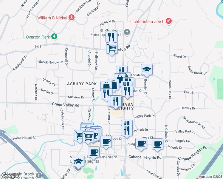 map of restaurants, bars, coffee shops, grocery stores, and more near 3928 Cypress Drive in Vestavia Hills