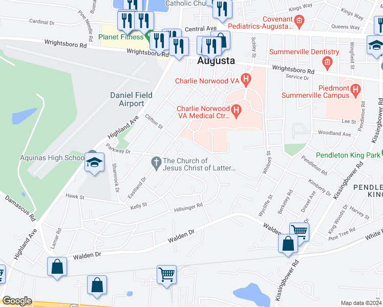 map of restaurants, bars, coffee shops, grocery stores, and more near 2060 Hillsinger Road in Augusta