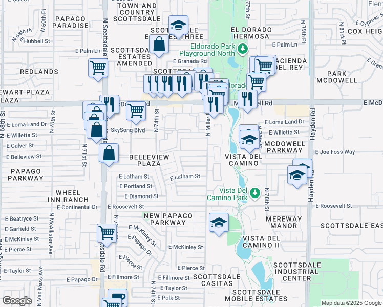 map of restaurants, bars, coffee shops, grocery stores, and more near 7519 East Belleview Street in Scottsdale