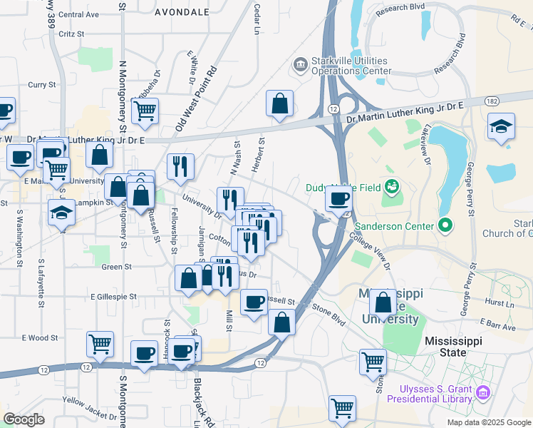 map of restaurants, bars, coffee shops, grocery stores, and more near 2 Prospect Place in Starkville