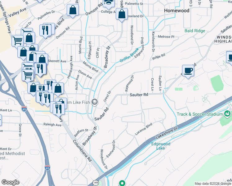 map of restaurants, bars, coffee shops, grocery stores, and more near 1020 Saulter Rd in Birmingham