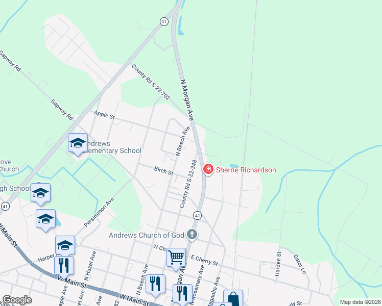 map of restaurants, bars, coffee shops, grocery stores, and more near 715 North Farr Avenue in Andrews