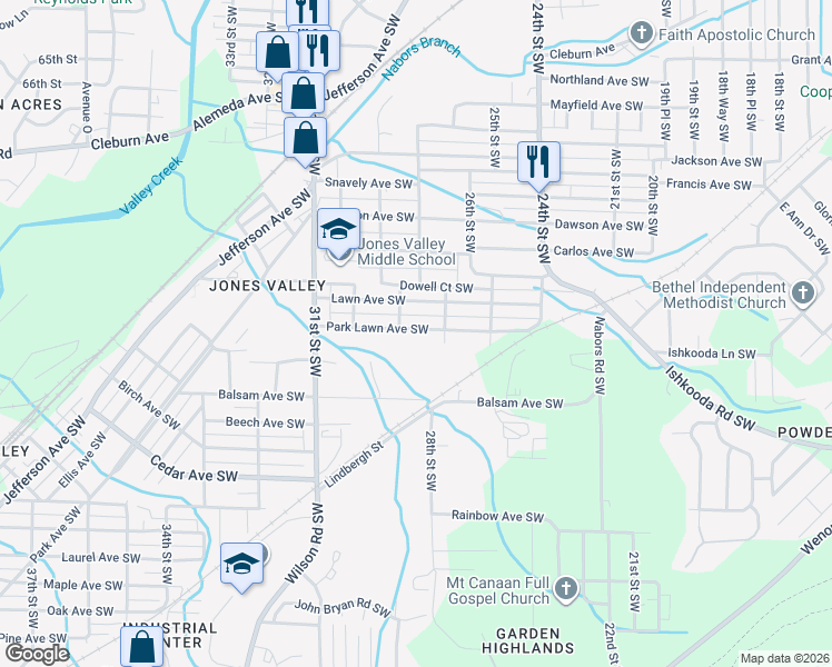 map of restaurants, bars, coffee shops, grocery stores, and more near 2709 Park Lawn Avenue Southwest in Birmingham