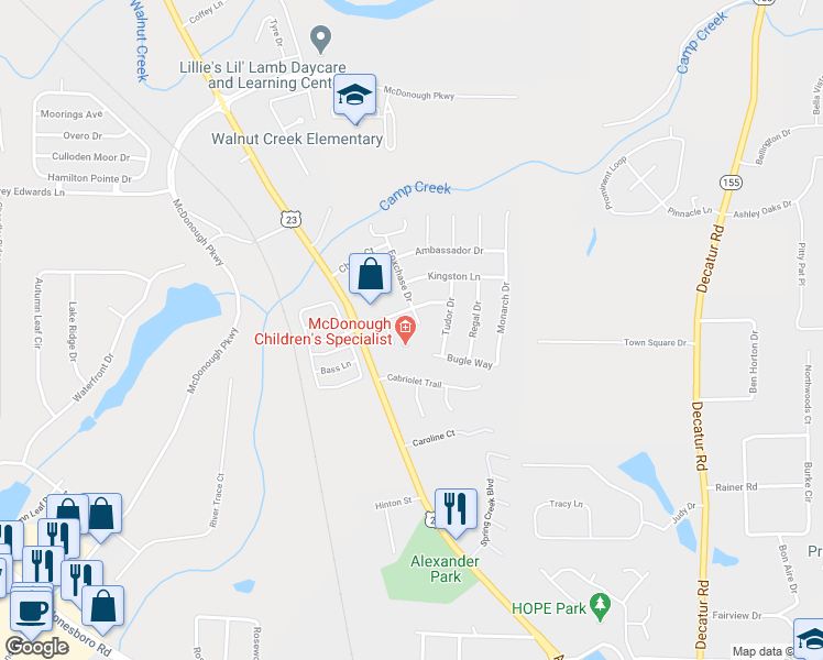 map of restaurants, bars, coffee shops, grocery stores, and more near 120 Fox Chase Court in McDonough