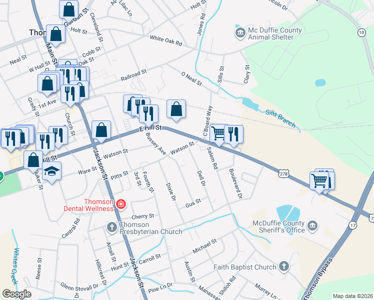 map of restaurants, bars, coffee shops, grocery stores, and more near 421 Watson Street in Thomson