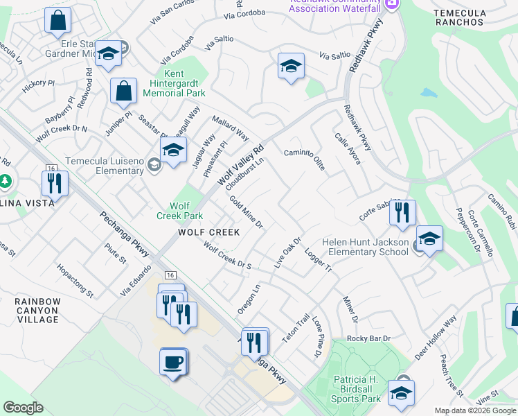 map of restaurants, bars, coffee shops, grocery stores, and more near 45917 Gold Mine Drive in Temecula