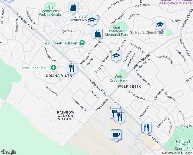 map of restaurants, bars, coffee shops, grocery stores, and more near 31561 Six Rivers Court in Temecula