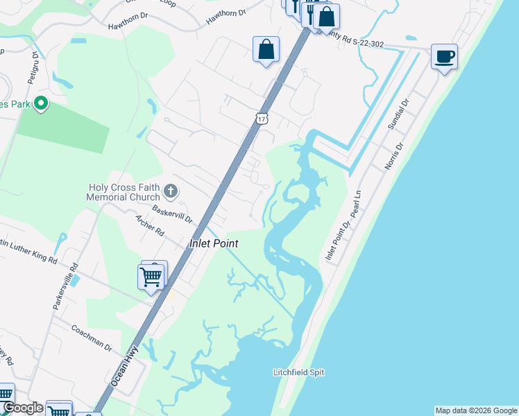 map of restaurants, bars, coffee shops, grocery stores, and more near 6 High Hammock Way in Pawleys Island
