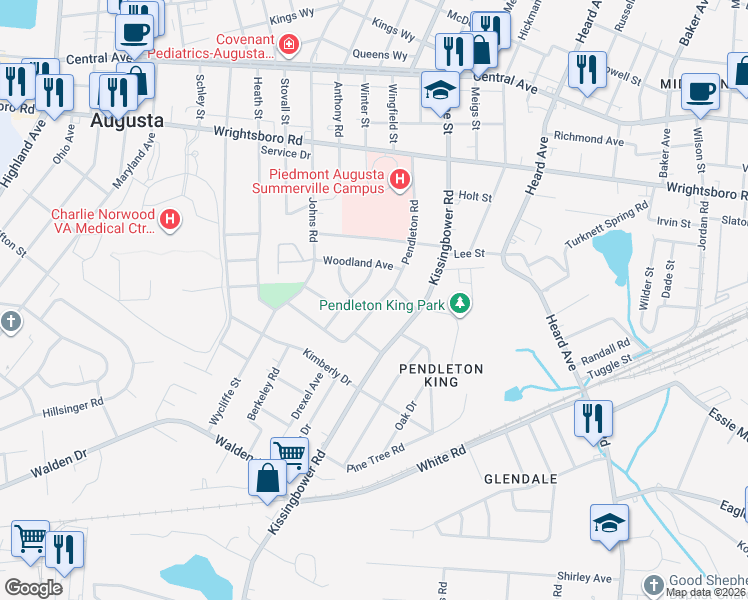 map of restaurants, bars, coffee shops, grocery stores, and more near 1608 Pendleton Road in Augusta