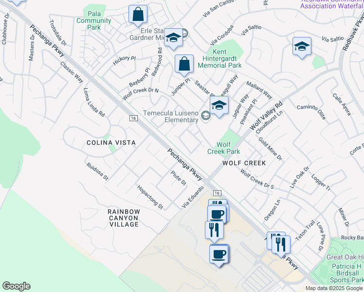 map of restaurants, bars, coffee shops, grocery stores, and more near 31561 Six Rivers Court in Temecula