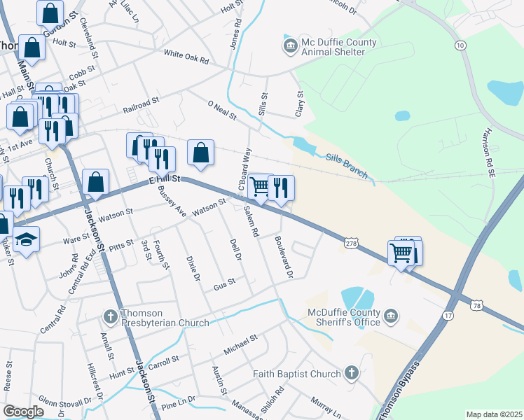 map of restaurants, bars, coffee shops, grocery stores, and more near 639 Augusta Highway in Thomson