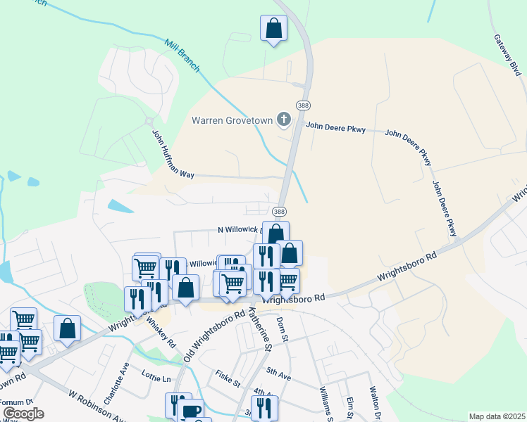 map of restaurants, bars, coffee shops, grocery stores, and more near 5112 Robin Lane in Grovetown
