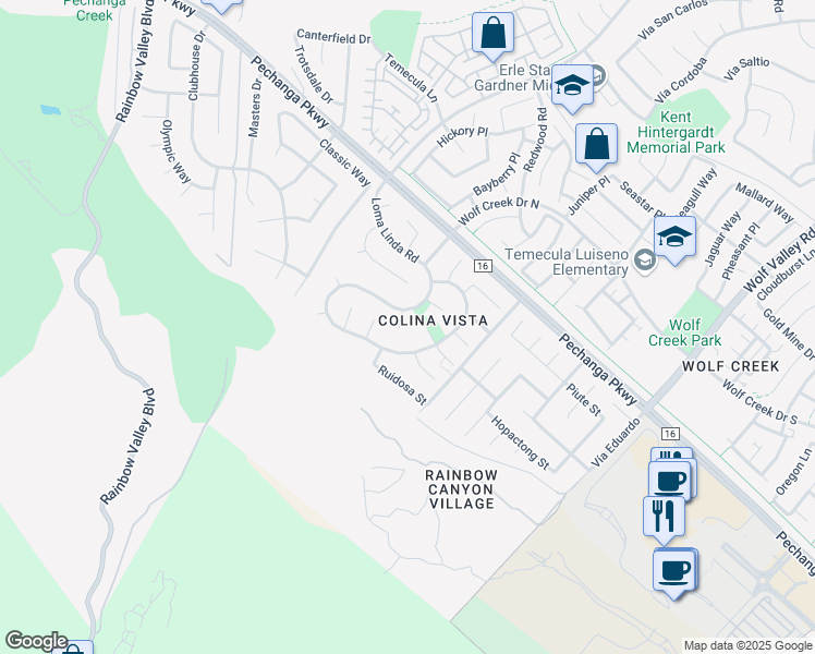 map of restaurants, bars, coffee shops, grocery stores, and more near 45354 Tesiben Court in Temecula