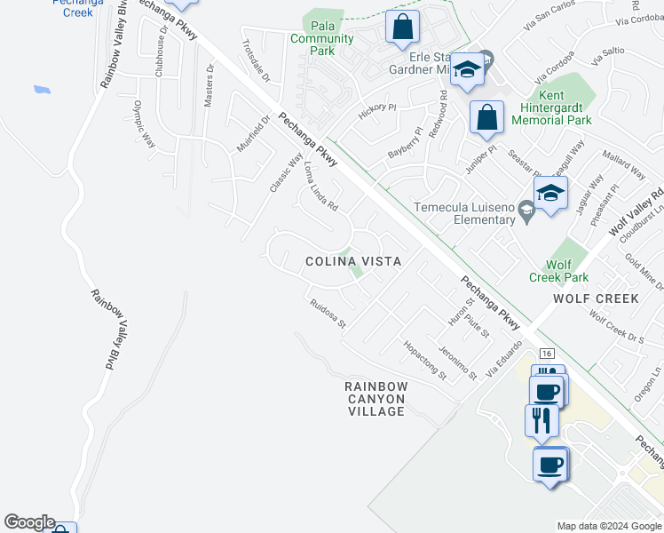 map of restaurants, bars, coffee shops, grocery stores, and more near 45354 Tesiben Court in Temecula