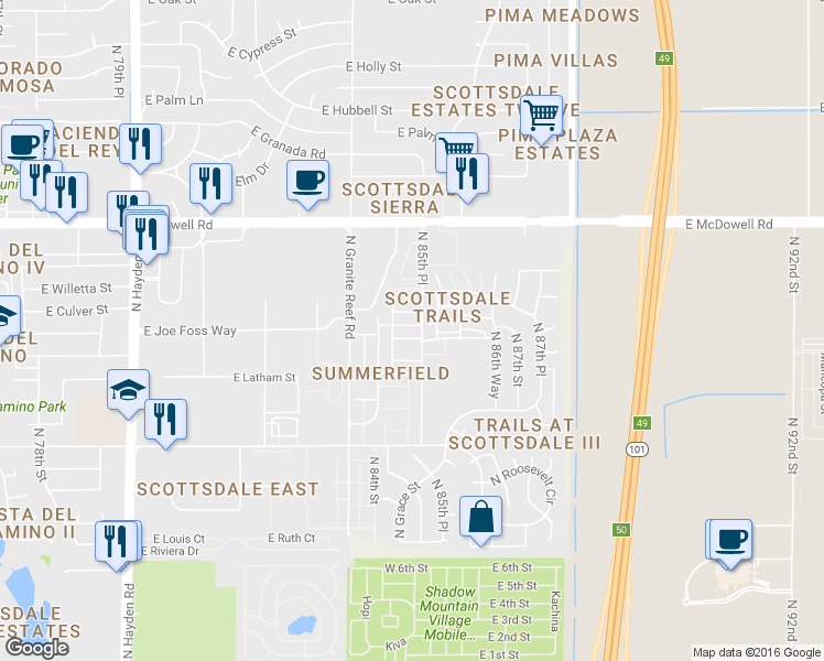 map of restaurants, bars, coffee shops, grocery stores, and more near 1272 North 85th Place in Scottsdale