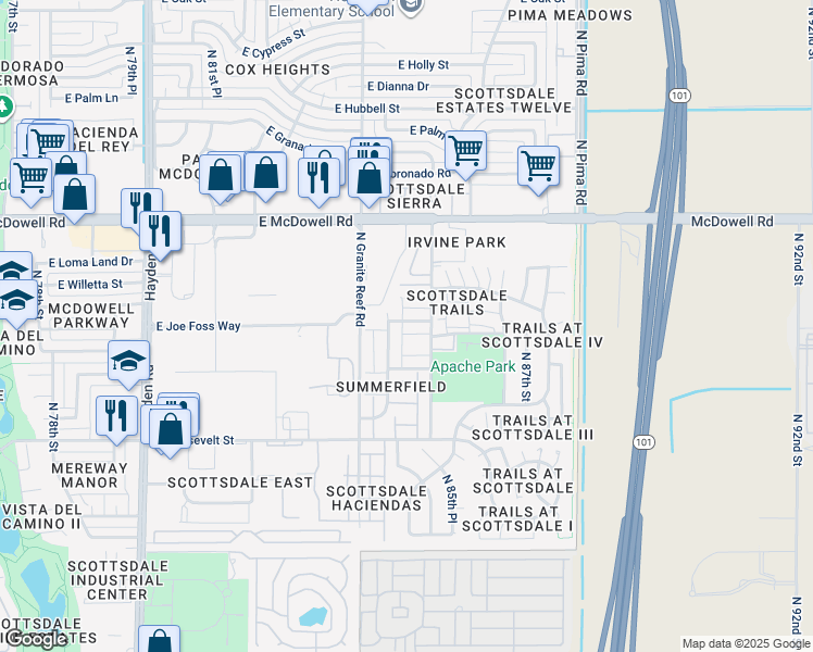 map of restaurants, bars, coffee shops, grocery stores, and more near 1272 North 85th Place in Scottsdale