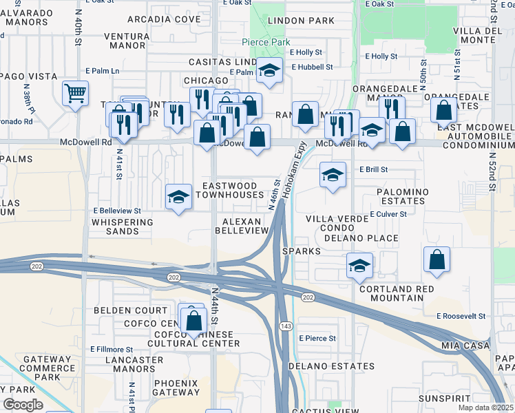 map of restaurants, bars, coffee shops, grocery stores, and more near 4540 East Belleview Street in Phoenix