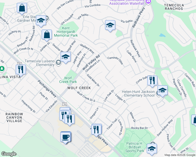 map of restaurants, bars, coffee shops, grocery stores, and more near 45917 Gold Mine Drive in Temecula