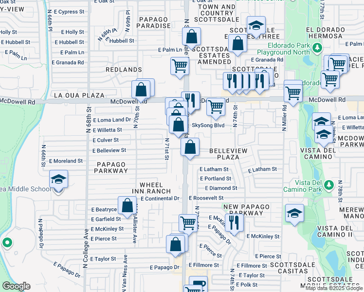 map of restaurants, bars, coffee shops, grocery stores, and more near 7111 East Belleview Street in Scottsdale