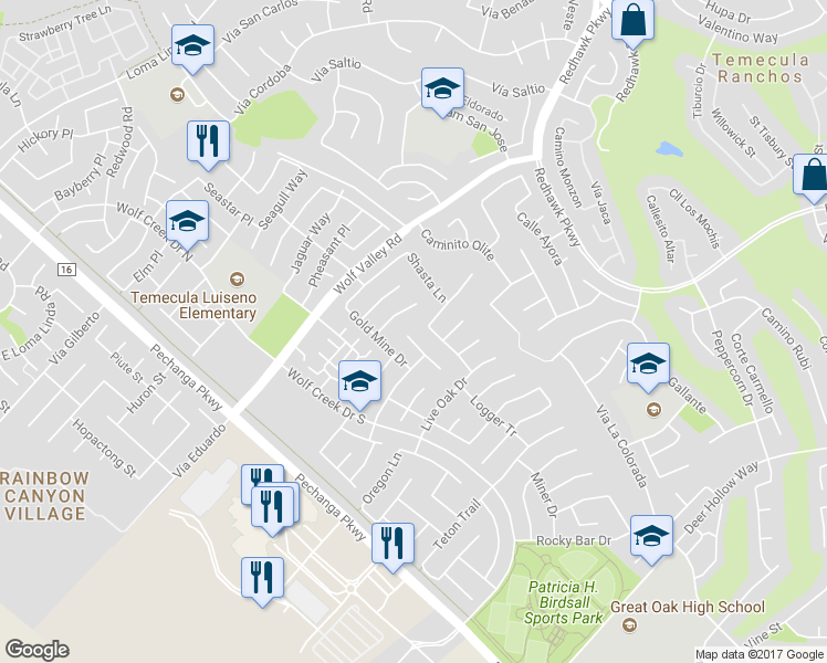 map of restaurants, bars, coffee shops, grocery stores, and more near 45876 Bristlecone Court in Temecula