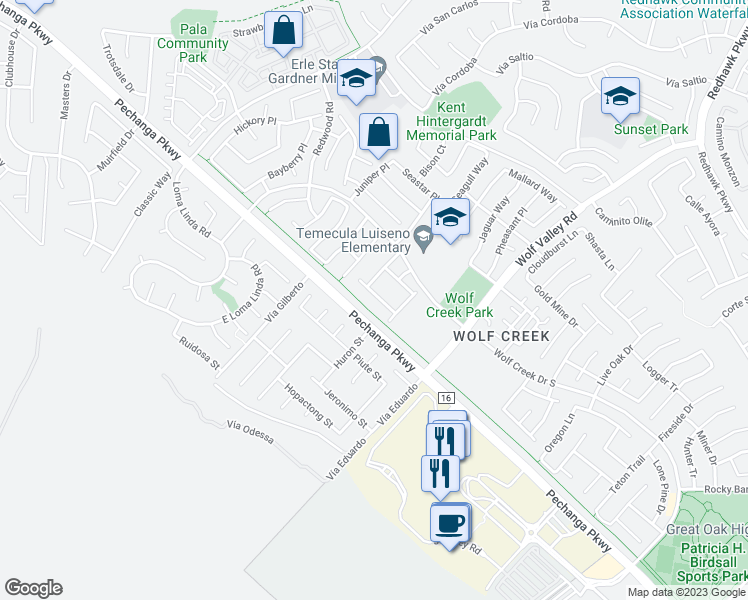map of restaurants, bars, coffee shops, grocery stores, and more near 31561 Six Rivers Court in Temecula
