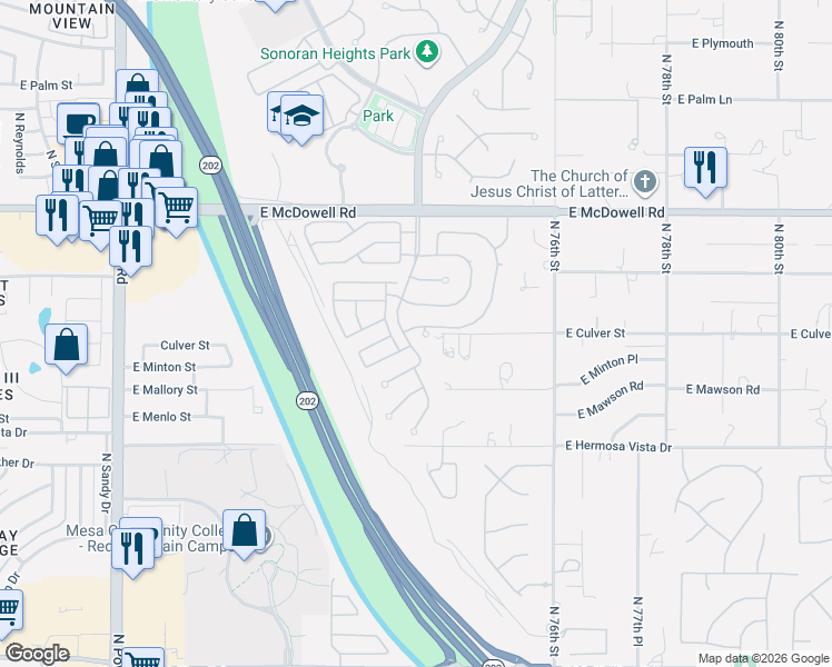map of restaurants, bars, coffee shops, grocery stores, and more near 2566 North Rowen Circle in Mesa